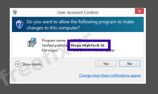 Screenshot where Mega HighTech SL appears as the verified publisher in the UAC dialog